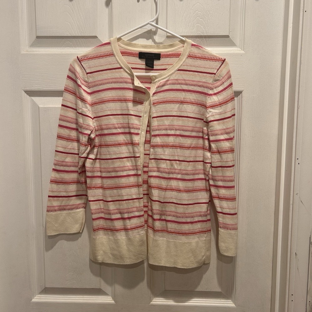 Express Cotton Cashmere Striped Cardigan Sweater Cream Pink Red L Y2k Coquette